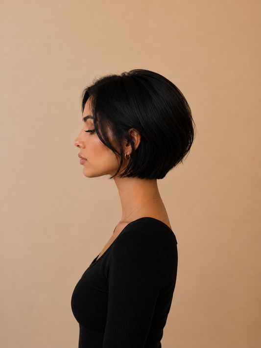 Model met kort haar, zwart haar van opzij na het zetten van genius wefts van Lezwina Hair