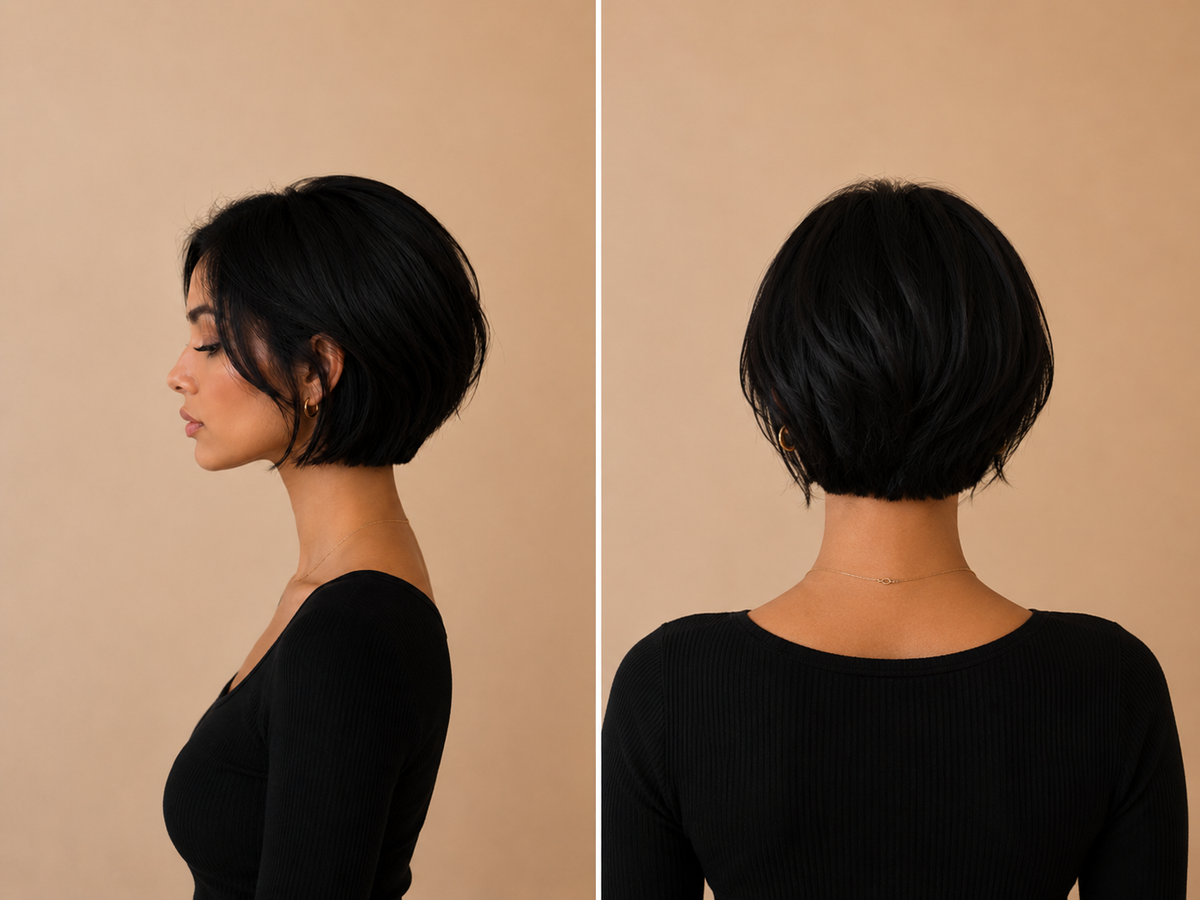 Model met kort haar na het zetten van genius wefts van Lezwina Hair