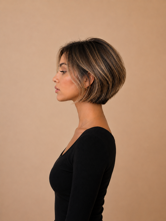 Model met kort haar, blond haar, bruin haar na het zetten van weft extensions van Lezwina Hair