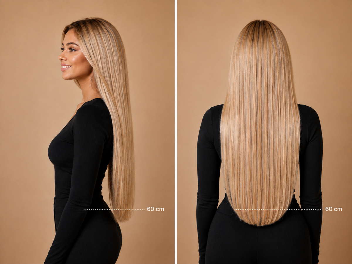 Model met lang haar, blond haar, 60 centimeter na het zetten van clip-in extensions van Lezwina Hair
