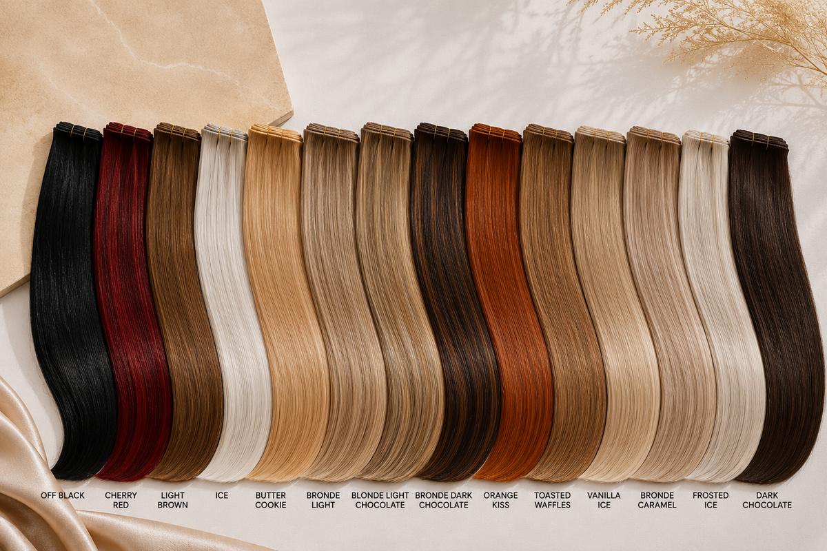 Alle veertien kleuren hairextensions van Lezwina Hair, met naam