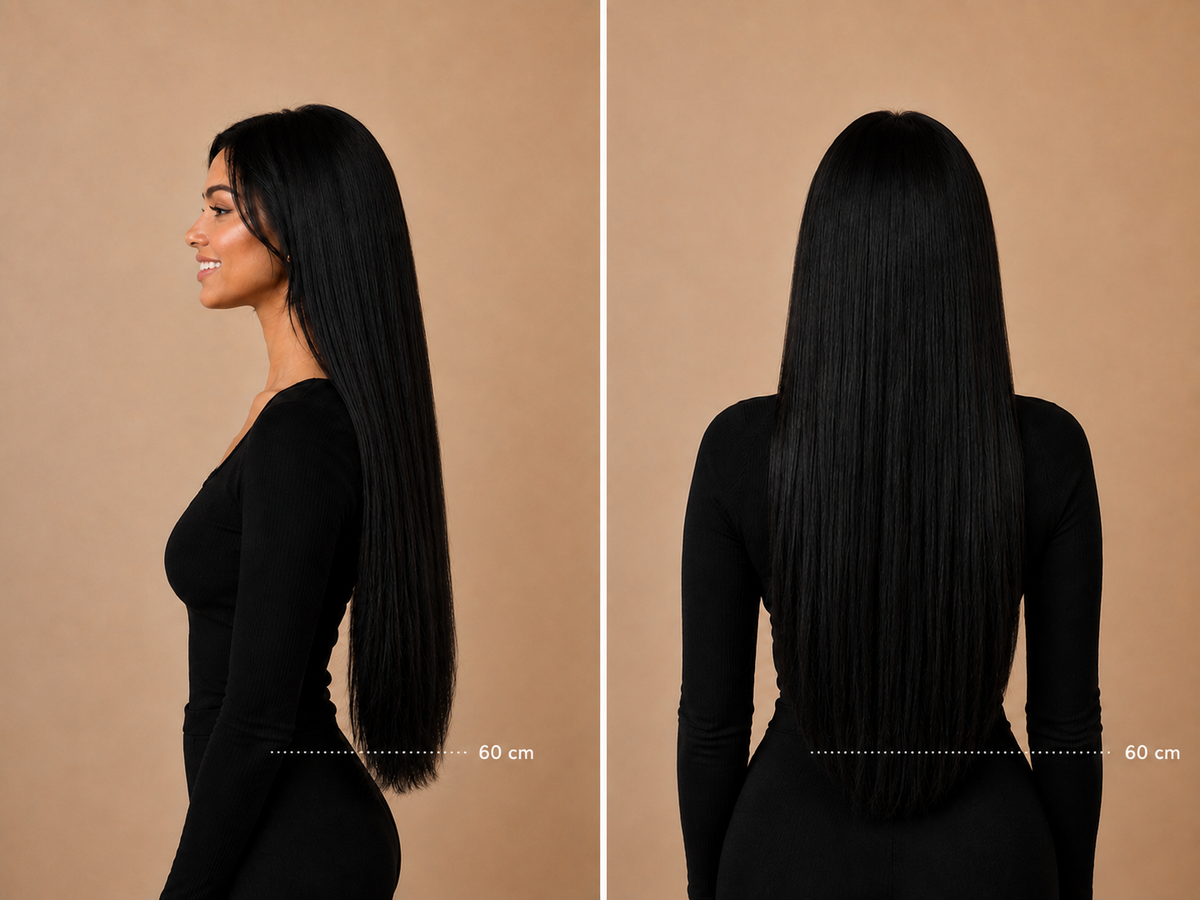 Model met lang haar, blond haar, 60 centimeter van opzij na het zetten van genius wefts van Lezwina Hair