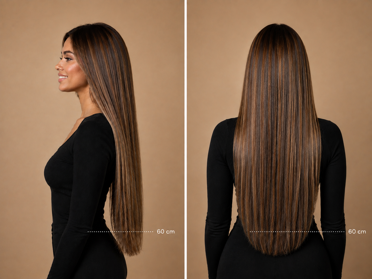 Model met lang haar, bruin haar, 60 centimeter van opzij na het zetten van weft extensions van Lezwina Hair