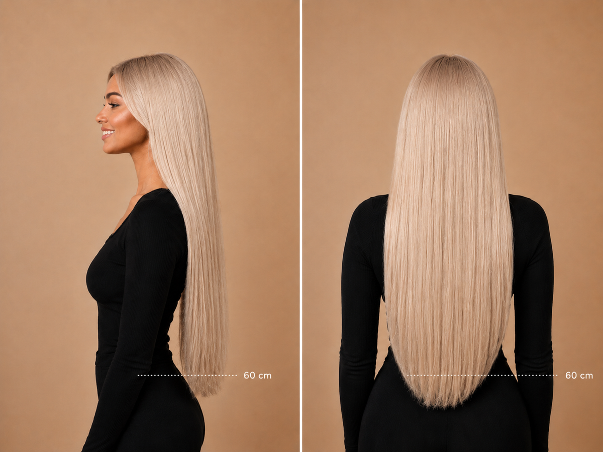 Model met lang haar, blond haar, 60 centimeter van opzij na het zetten van tape-in extensions van Lezwina Hair